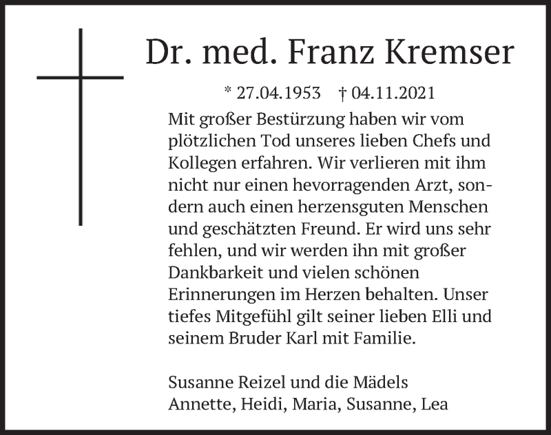  Traueranzeige für Franz Kremser vom 08.11.2021 aus merkurtz