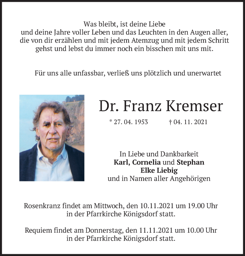  Traueranzeige für Franz Kremser vom 06.11.2021 aus merkurtz