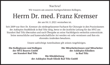 Traueranzeige von Franz Kremser von merkurtz