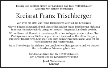 Traueranzeige von Franz Trischberger von merkurtz