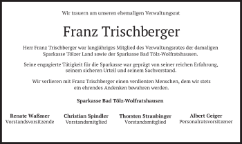 Traueranzeige von Franz Trischberger von merkurtz