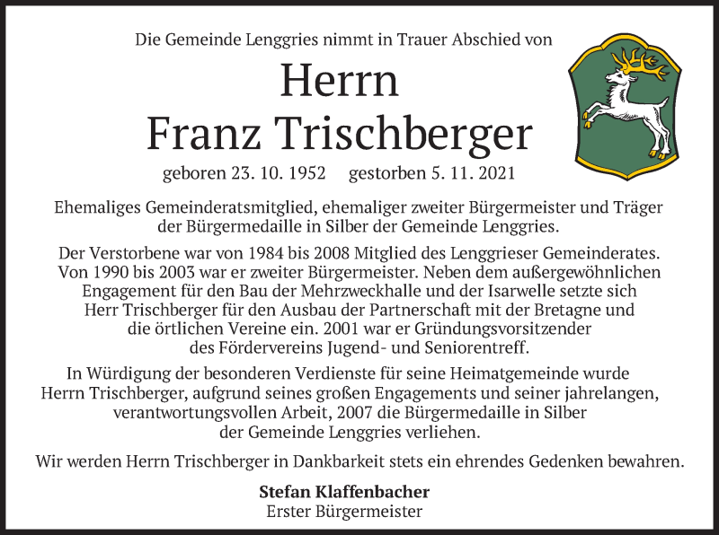  Traueranzeige für Franz Trischberger vom 09.11.2021 aus merkurtz