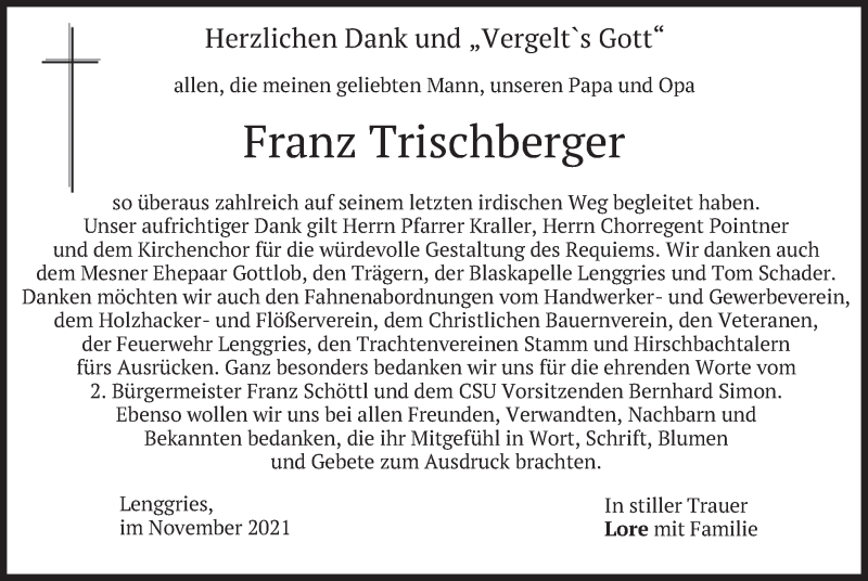  Traueranzeige für Franz Trischberger vom 20.11.2021 aus merkurtz