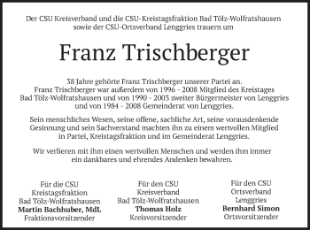 Traueranzeige von Franz Trischberger von merkurtz