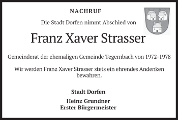 Traueranzeige von Franz Xaver Strasser von merkurtz