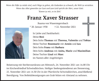 Traueranzeige von Franz Xaver Strasser von merkurtz