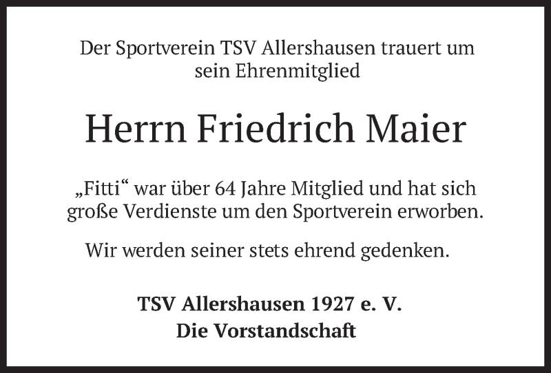  Traueranzeige für Friedrich Maier vom 30.11.2021 aus merkurtz