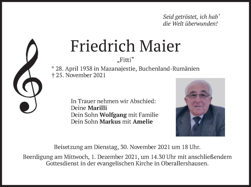  Traueranzeige für Friedrich Maier vom 29.11.2021 aus merkurtz