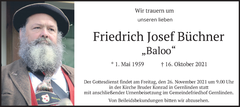  Traueranzeige für Friedrich Josef Büchner vom 20.11.2021 aus merkurtz