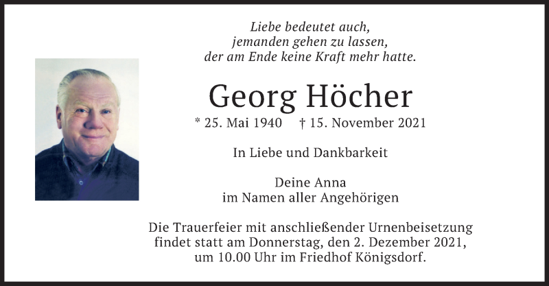  Traueranzeige für Georg Höcher vom 27.11.2021 aus merkurtz