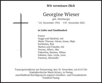 Traueranzeige von Georgine Wieser von merkurtz