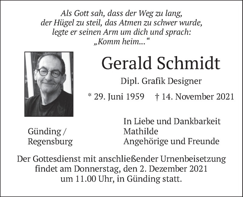  Traueranzeige für Gerald Schmidt vom 27.11.2021 aus merkurtz
