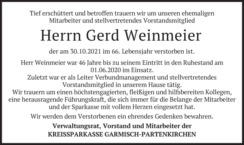  Traueranzeige für Gerd Weinmeier vom 06.11.2021 aus merkurtz