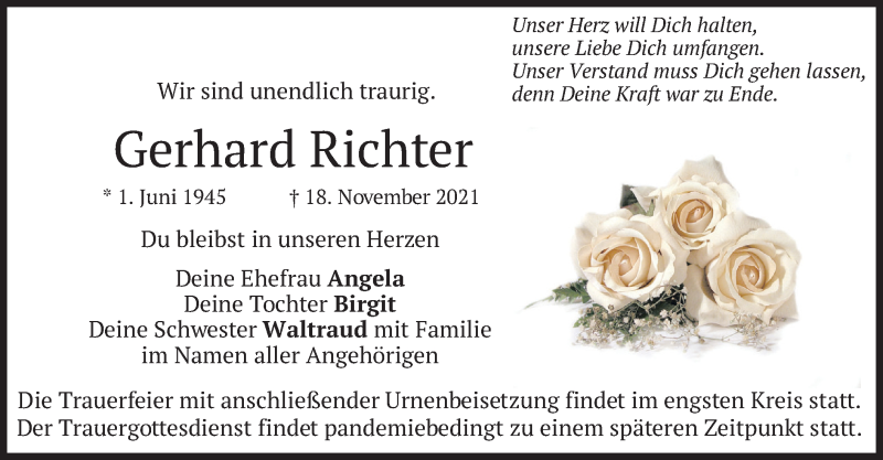  Traueranzeige für Gerhard Richter vom 27.11.2021 aus merkurtz