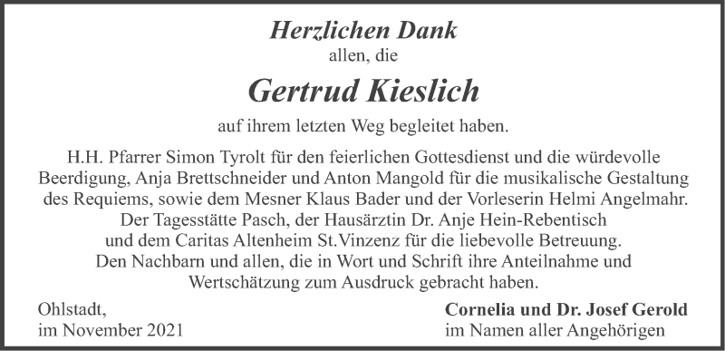  Traueranzeige für Gertrud Kieslich vom 20.11.2021 aus merkurtz