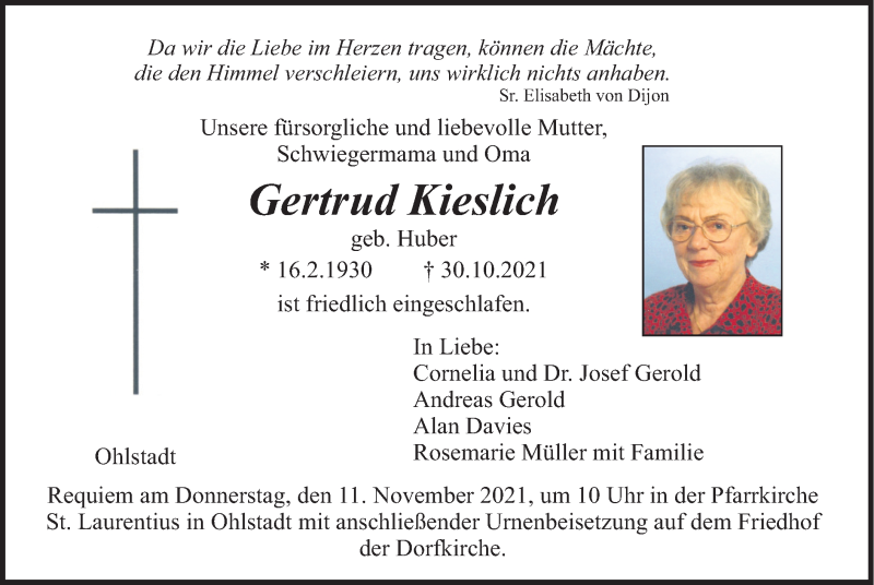  Traueranzeige für Gertrud Kieslich vom 06.11.2021 aus merkurtz