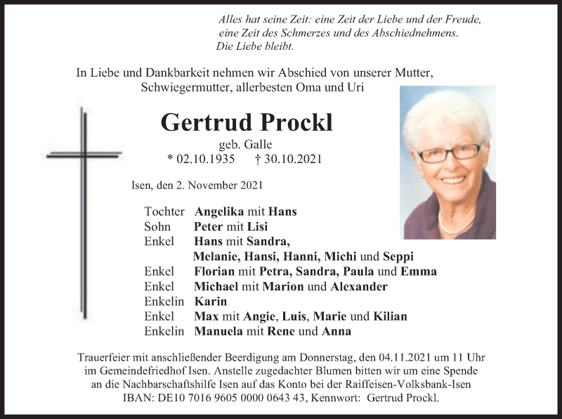  Traueranzeige für Gertrud Prockl vom 02.11.2021 aus merkurtz