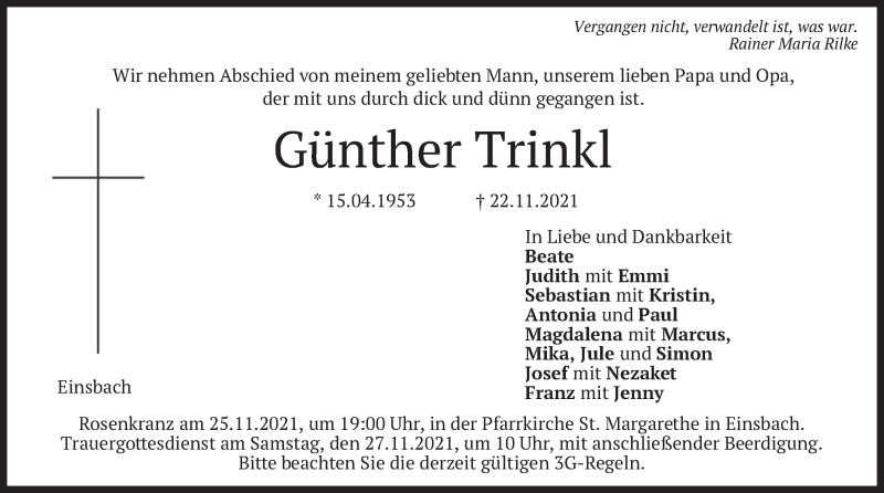  Traueranzeige für Günther Trinkl vom 24.11.2021 aus merkurtz