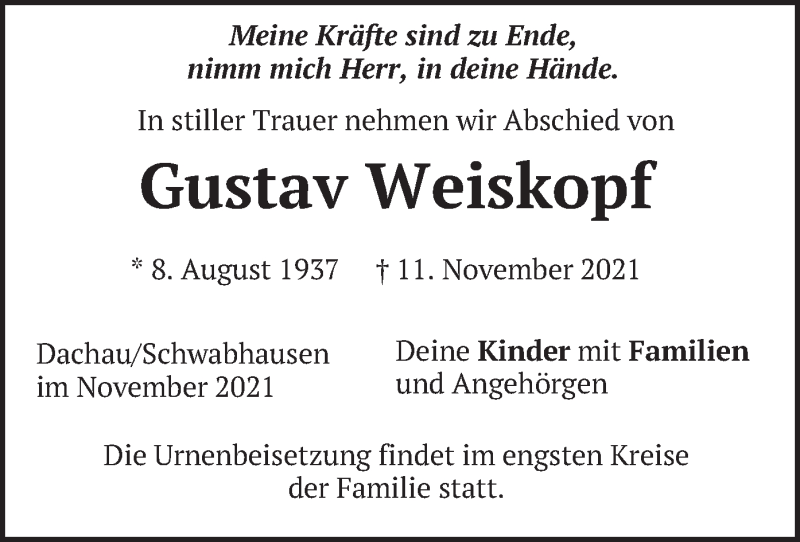  Traueranzeige für Gustav Weiskopf vom 20.11.2021 aus merkurtz
