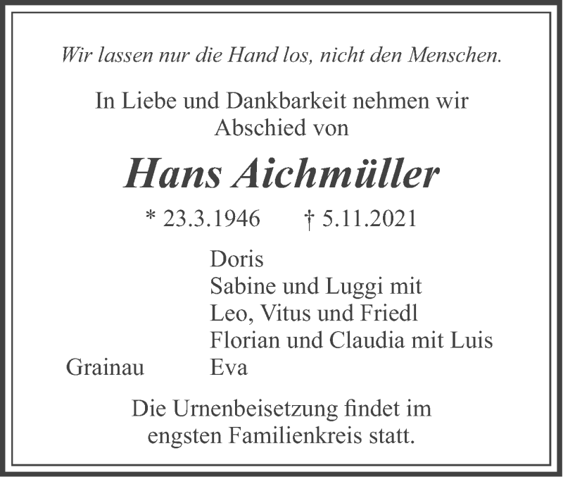  Traueranzeige für Hans Aichmüller vom 13.11.2021 aus merkurtz