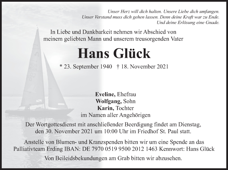  Traueranzeige für Hans Glück vom 23.11.2021 aus merkurtz