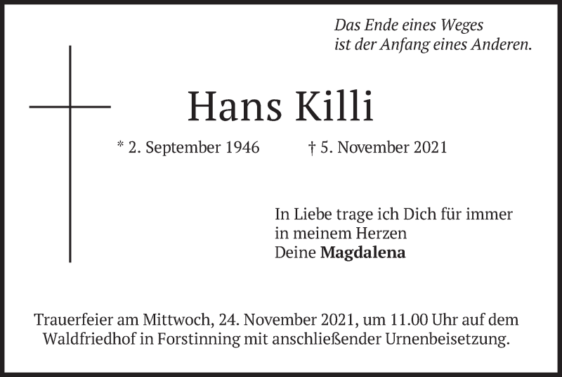  Traueranzeige für Hans Killi vom 13.11.2021 aus merkurtz