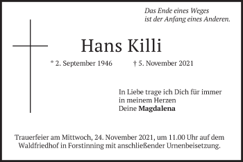 Traueranzeige von Hans Killi von merkurtz