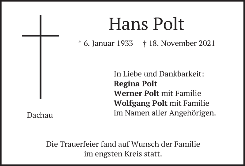  Traueranzeige für Hans Polt vom 27.11.2021 aus merkurtz