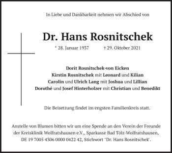 Traueranzeige von Hans Rosnitschek von merkurtz