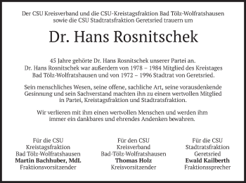 Traueranzeige von Hans Rosnitschek von merkurtz