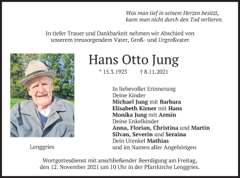 Traueranzeige von Hans Otto Jung von merkurtz