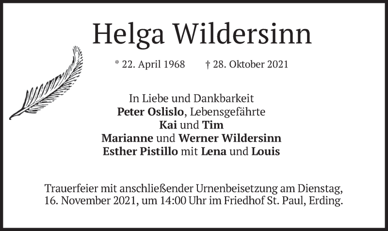  Traueranzeige für Helga Wildersinn vom 13.11.2021 aus merkurtz