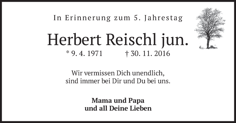  Traueranzeige für Herbert Reischl vom 30.11.2021 aus merkurtz