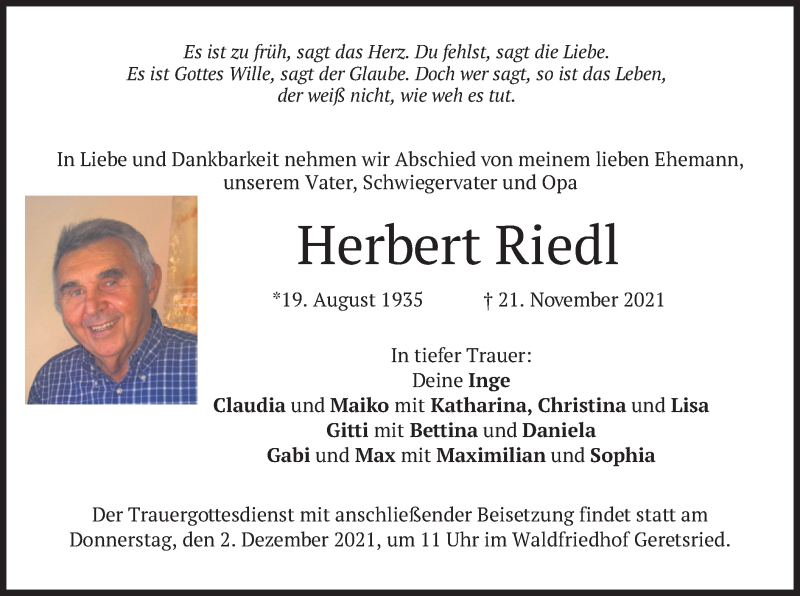  Traueranzeige für Herbert Riedl vom 27.11.2021 aus merkurtz