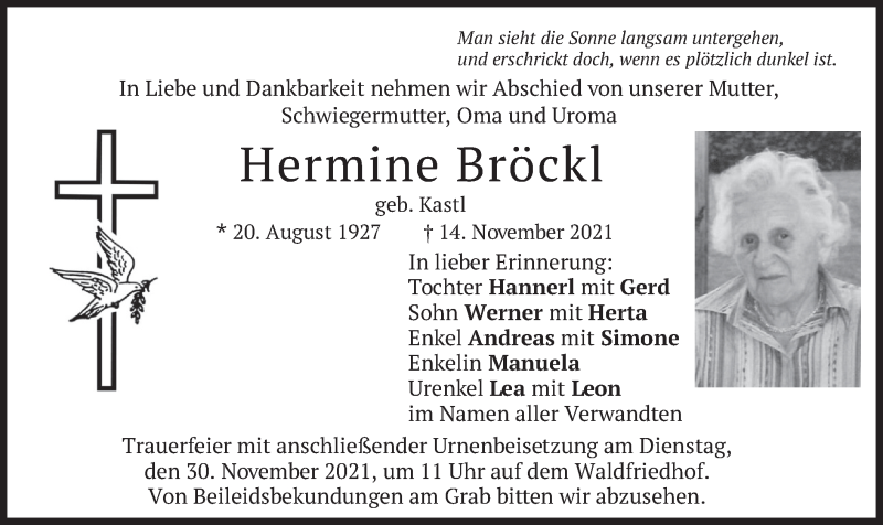  Traueranzeige für Hermine Bröckl vom 27.11.2021 aus merkurtz