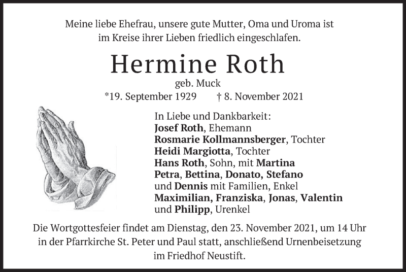  Traueranzeige für Hermine Roth vom 20.11.2021 aus merkurtz