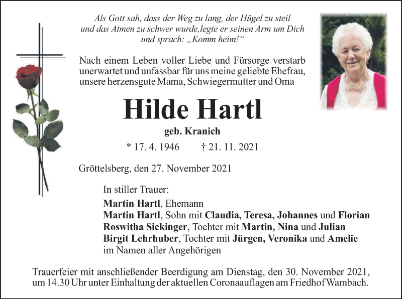  Traueranzeige für Hilde Hartl vom 27.11.2021 aus merkurtz