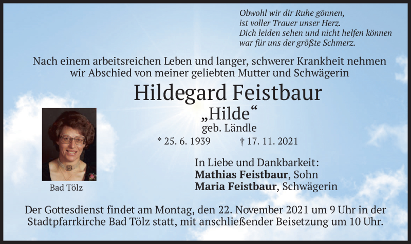  Traueranzeige für Hildegard Feistbaur vom 19.11.2021 aus merkurtz