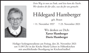 Traueranzeige von Hildegard Hamberger