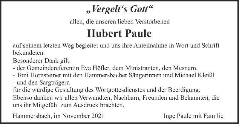  Traueranzeige für Hubert Paule vom 27.11.2021 aus merkurtz