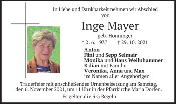 Traueranzeige von Inge Mayer von merkurtz
