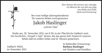 Traueranzeige von Jakob Haslinger von merkurtz