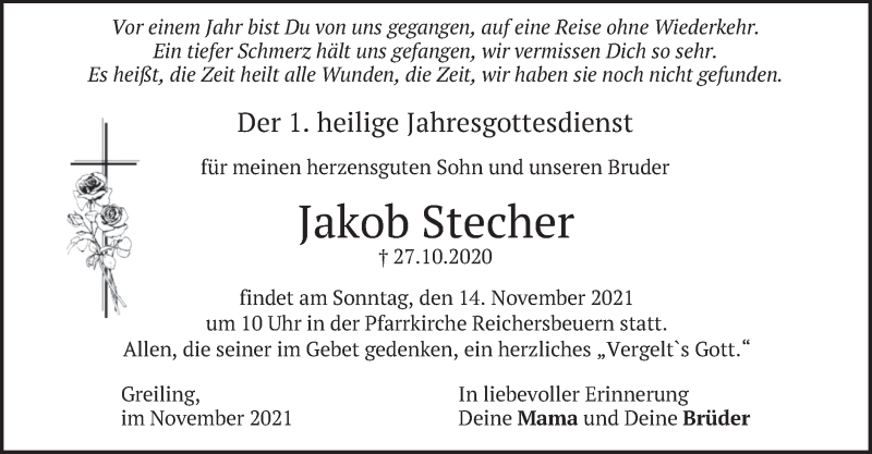  Traueranzeige für Jakob Stecher vom 12.11.2021 aus merkurtz