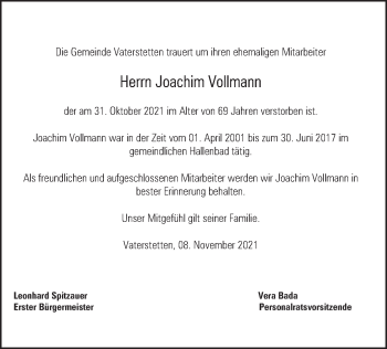 Traueranzeige von Joachim Vollmann von merkurtz