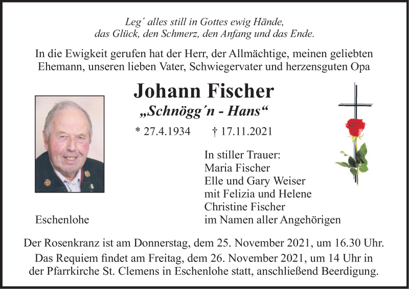  Traueranzeige für Johann Fischer vom 23.11.2021 aus merkurtz