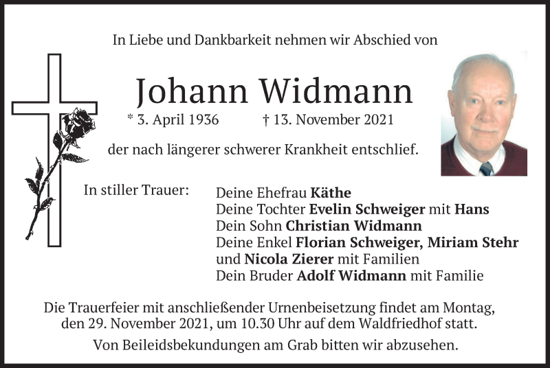  Traueranzeige für Johann Widmann vom 25.11.2021 aus merkurtz
