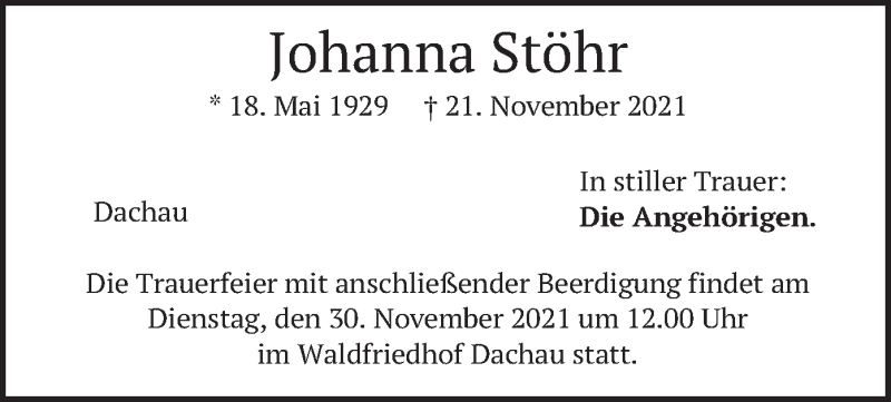  Traueranzeige für Johanna Stöhr vom 27.11.2021 aus merkurtz