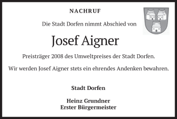Traueranzeige von Josef Aigner von merkurtz