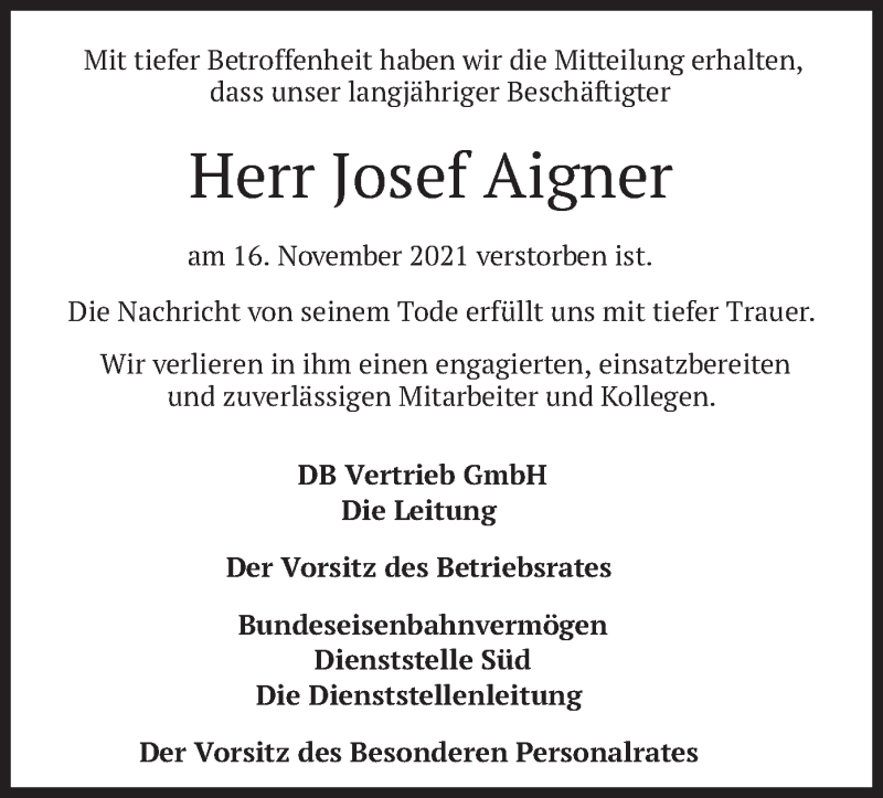  Traueranzeige für Josef Aigner vom 19.11.2021 aus merkurtz