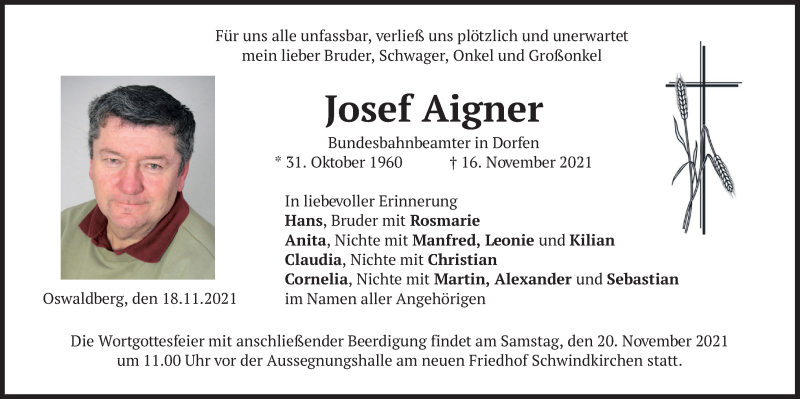  Traueranzeige für Josef Aigner vom 18.11.2021 aus merkurtz